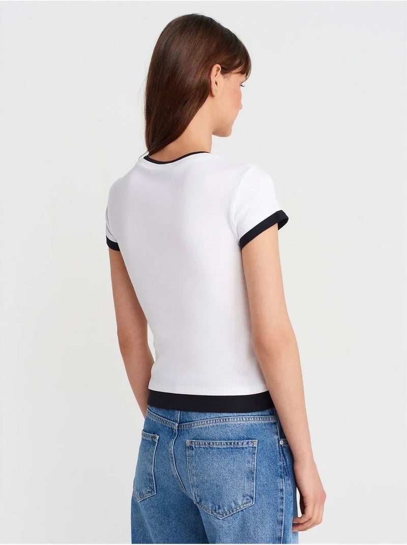 T-shirt Femme Ajusté En Coton, Col Rond Blanc - Kiabi