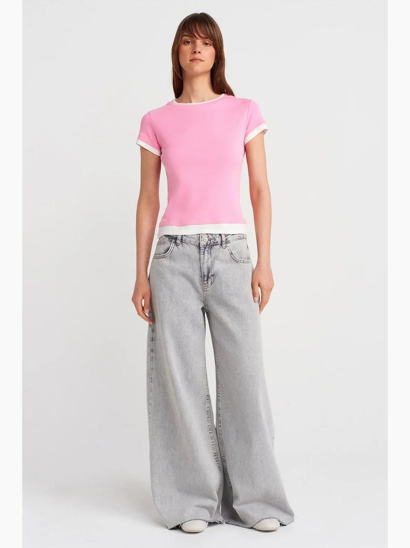 T-shirt femme ajusté en coton, col rond dilvin Rose - Kiabi