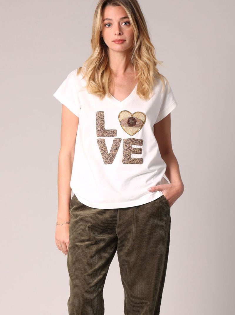 T-shirt femme avec broderie LOVE en perles 'Deeluxe' Blanc - Kiabi