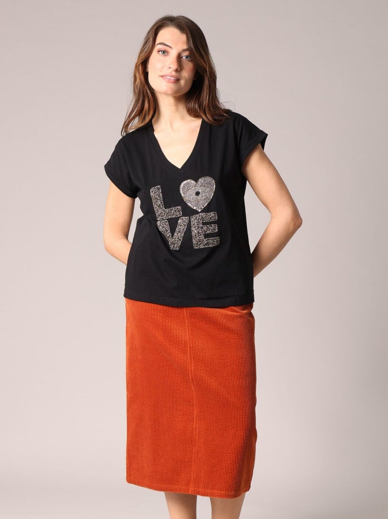 T-shirt femme avec broderie LOVE en perles 'Deeluxe' Noir - Kiabi
