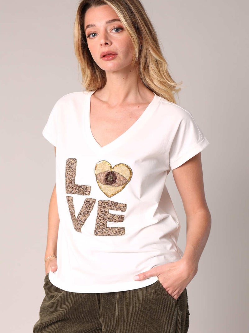 T-shirt femme avec broderie perle love 'deeluxe' Blanc - Kiabi