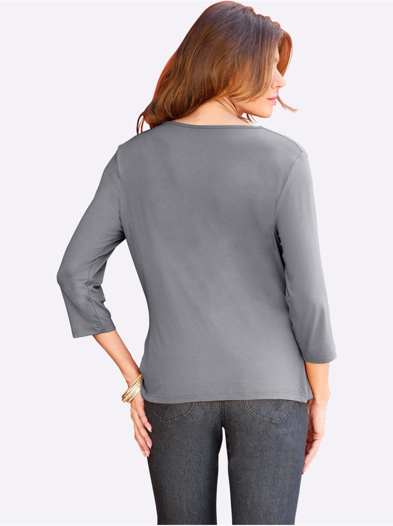 T shirt femme col bénitier et manches trois quarts fluide - Taille standard - Witt Gris - Kiabi