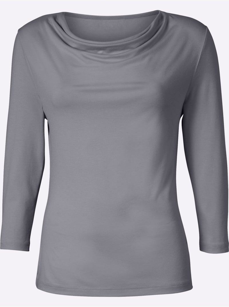 T shirt femme col bénitier et manches trois quarts fluide - Taille standard - Witt Gris - Kiabi
