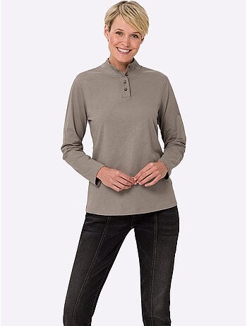 T-shirt femme col montant à boutons avec manches longues - taille standard - moda vilona