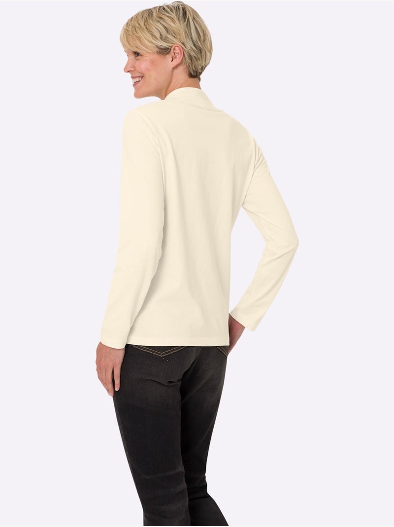 T-shirt femme col montant à boutons avec manches longues - taille standard - moda vilona Ivoire - Kiabi