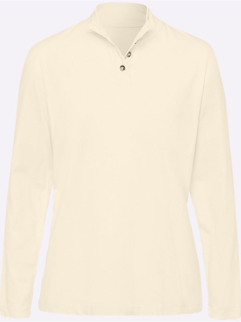 T-shirt femme col montant à boutons avec manches longues - taille standard - moda vilona Ivoire - Kiabi