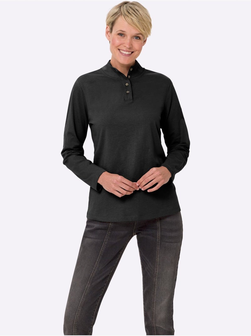 T-shirt femme col montant à boutons avec manches longues - taille standard - moda vilona Noir - Kiabi