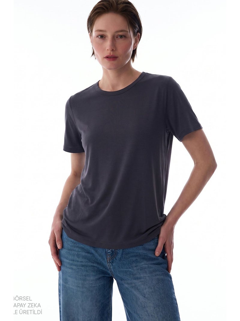 T-shirt femme col rond penti Gris Noir - Kiabi