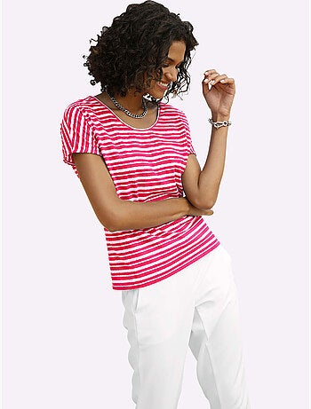 T shirt femme col rond rayures marinière et tombé décontracté - Taille standard - Witt