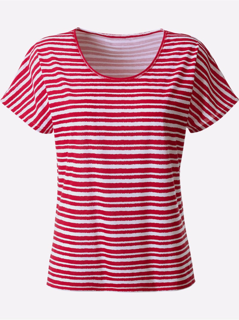 T shirt femme col rond rayures marinière et tombé décontracté - taille standard - witt Rouge - Kiabi