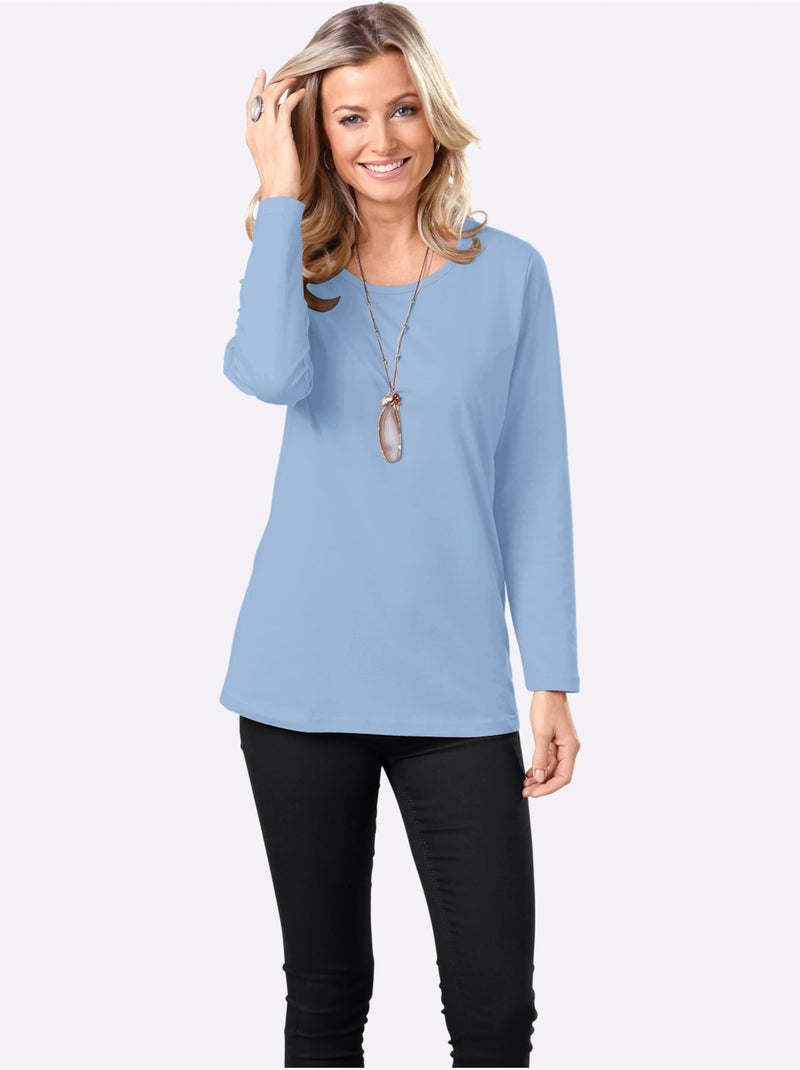 T-shirt femme confortable à manches longues avec col rond - Taille standard - Moda Vilona Bleu clair - Kiabi