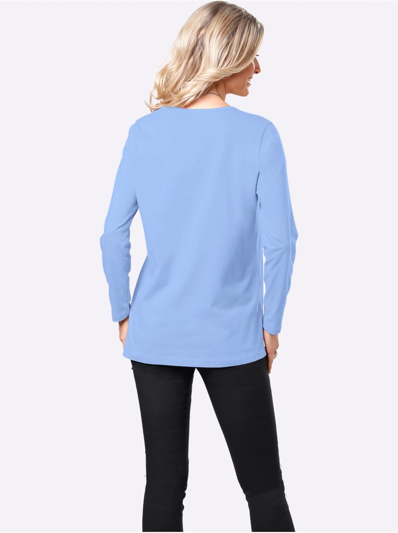 T-shirt femme confortable à manches longues avec col rond - Taille standard - Moda Vilona Bleu clair - Kiabi