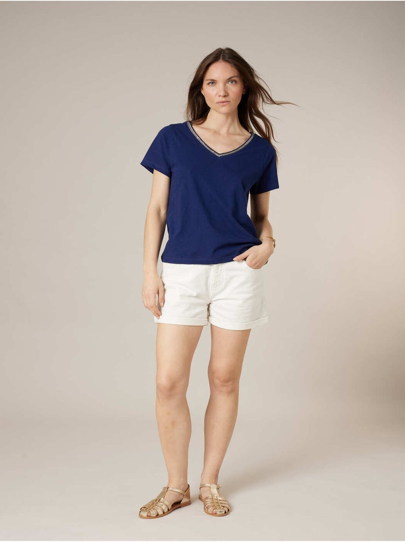 T-shirt femme coton et lin 'Deeluxe' Bleu marine - Kiabi