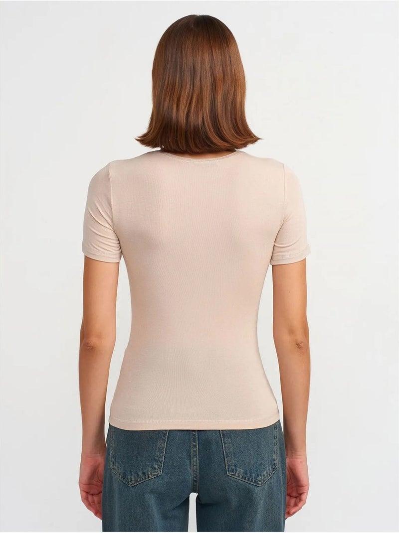 T-shirt Femme Coupe Ajustée À Col Rond Beige - Kiabi