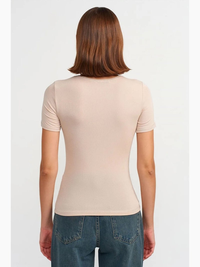 T-shirt femme coupe ajustée à col rond dilvin Beige argile - Kiabi