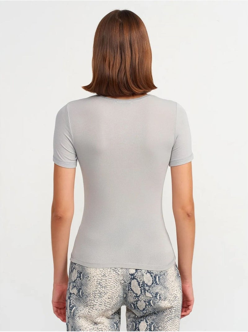 T-shirt Femme Coupe Ajustée À Col Rond Gris clair - Kiabi