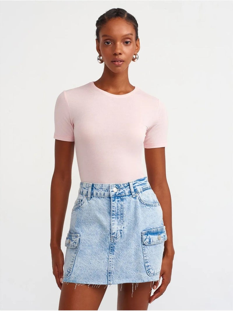 T-shirt Femme Coupe Ajustée À Col Rond Rose clair - Kiabi