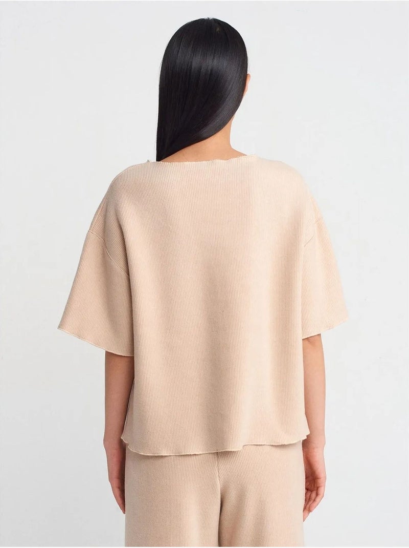 T-shirt Femme Coupe Ample À Col Rond Beige - Kiabi