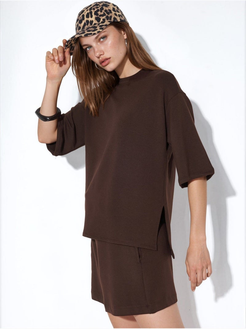 T-shirt femme coupe ample à col rond busem Marron - Kiabi
