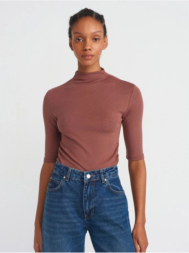 T-shirt Femme Coupe Slim À Col Montant Court Marron - Kiabi