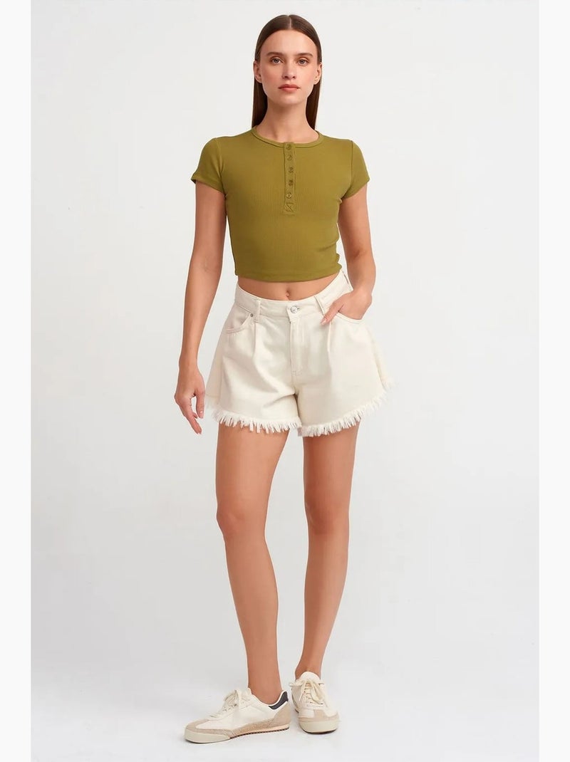 T-shirt femme court coupe slim à col rond dilvin Vert kaki - Kiabi