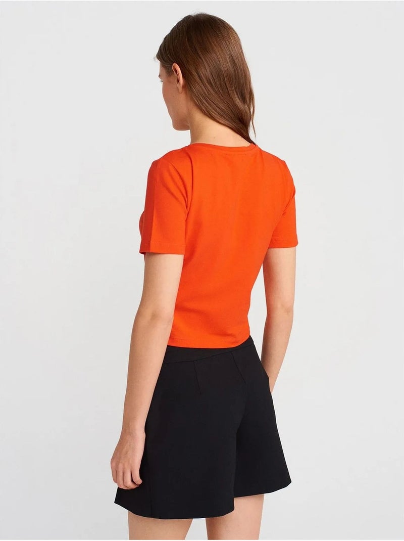 T-shirt Femme Crop Coupe Slim À Col Rond Orange - Kiabi