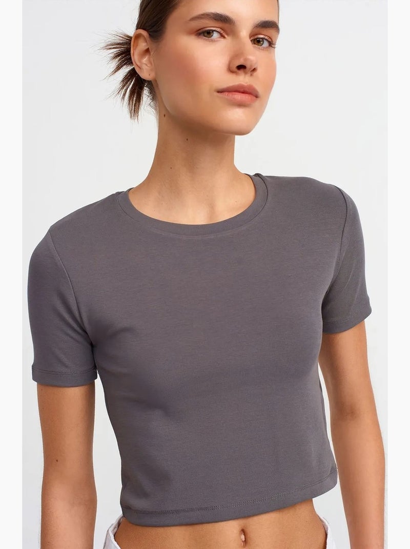 T-shirt femme crop slim à col rond dilvin Gris Noir - Kiabi