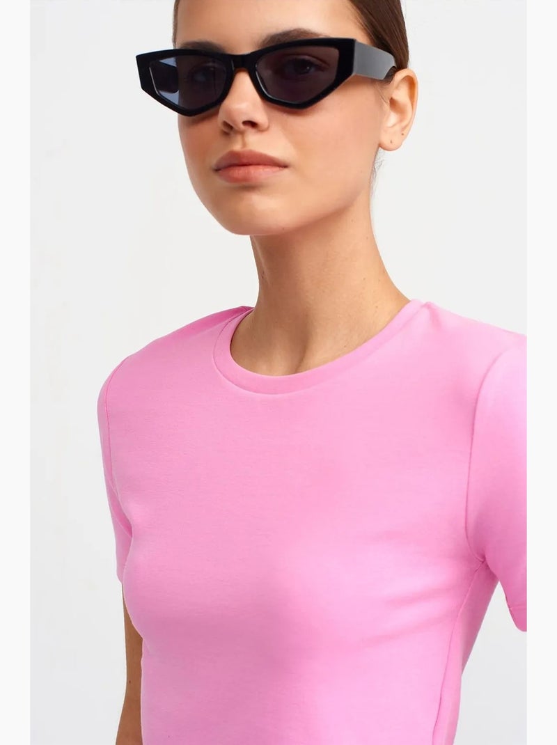 T-shirt femme crop slim à col rond dilvin Rose fluo/Solinotes - Kiabi