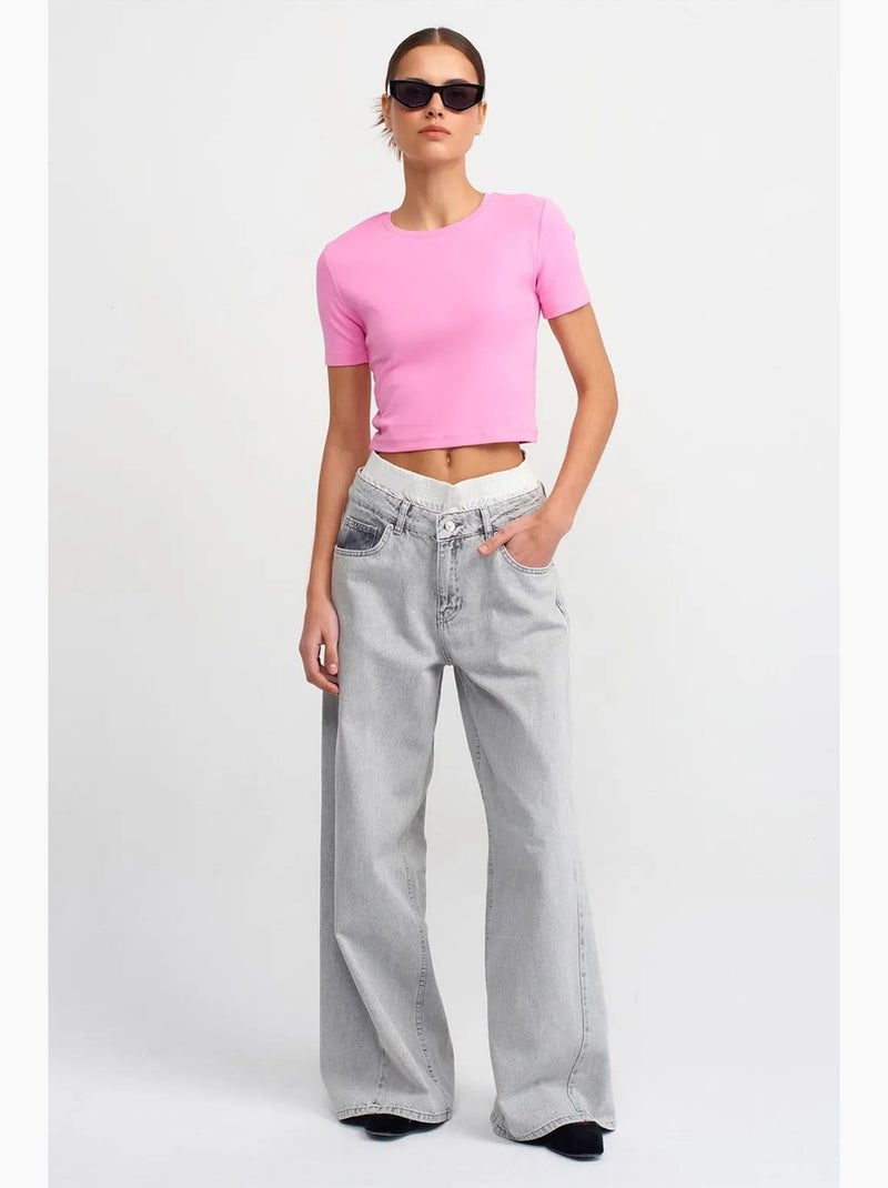 T-shirt femme crop slim à col rond dilvin Rose fluo/Solinotes - Kiabi