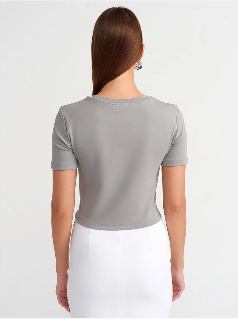 T-shirt Femme Crop Slim À Col Rond Gris clair - Kiabi