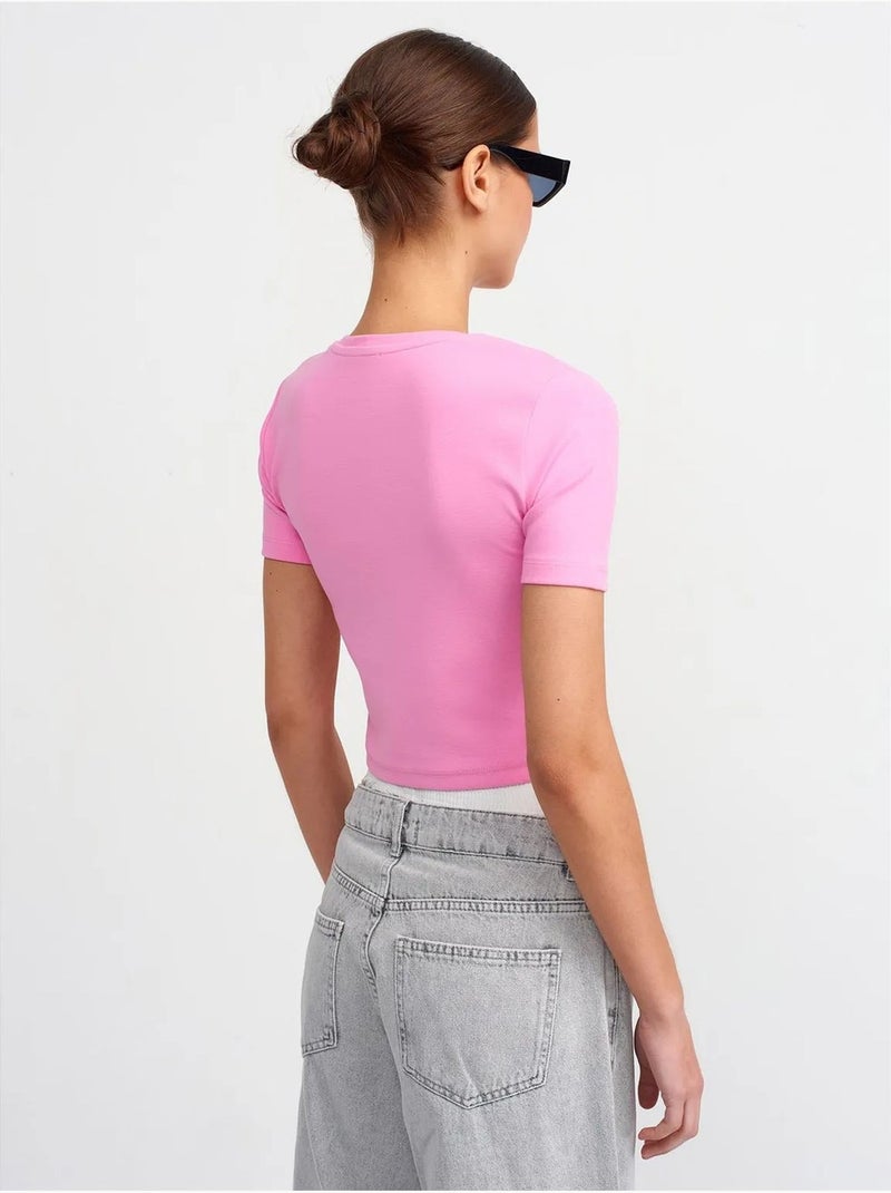 T-shirt Femme Crop Slim À Col Rond Rose fluo/Solinotes - Kiabi