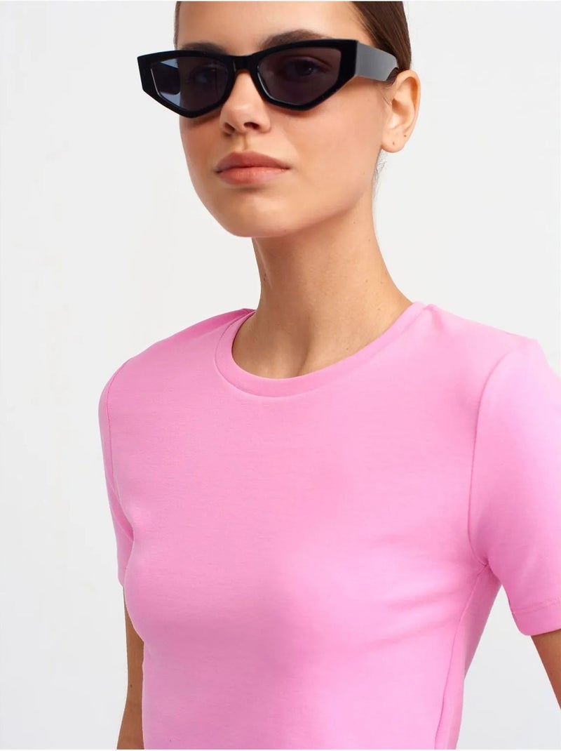 T-shirt Femme Crop Slim À Col Rond Rose fluo/Solinotes - Kiabi