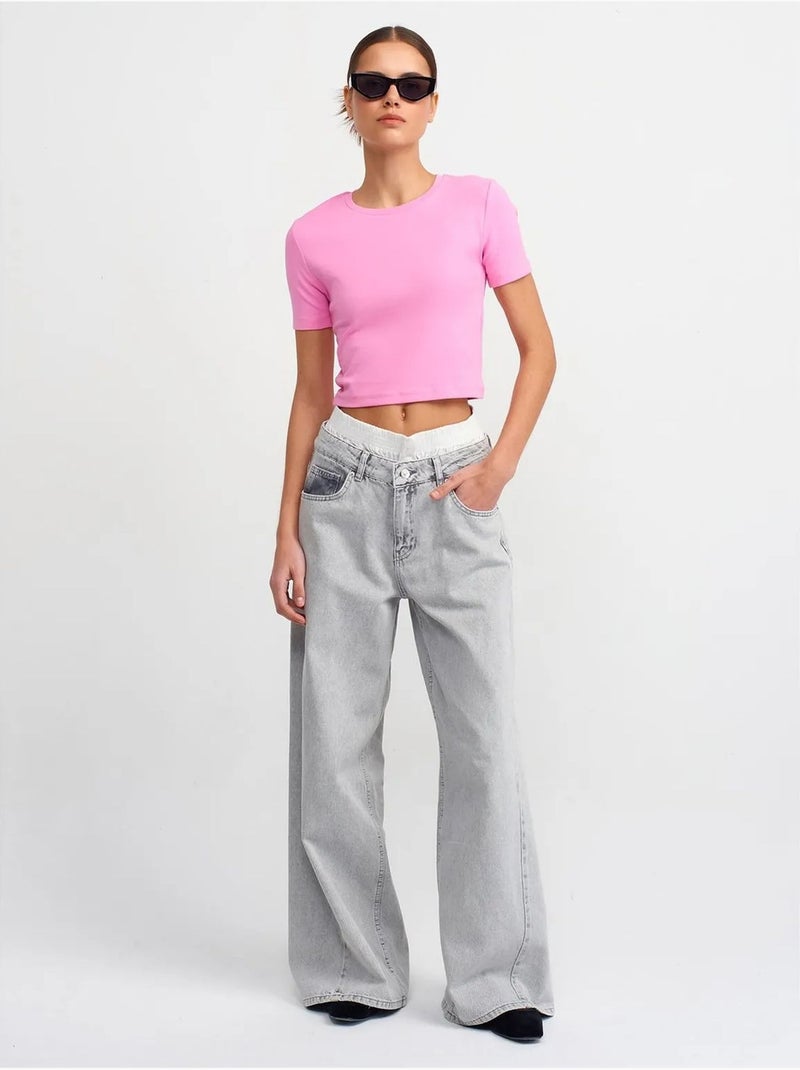 T-shirt Femme Crop Slim À Col Rond Rose fluo/Solinotes - Kiabi
