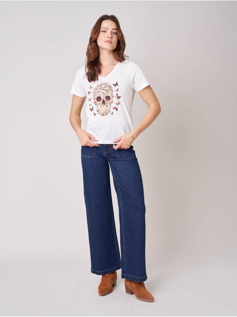 T-shirt femme en 100% coton avec imprimé tête de mort florale 'deeluxe' Blanc - Kiabi
