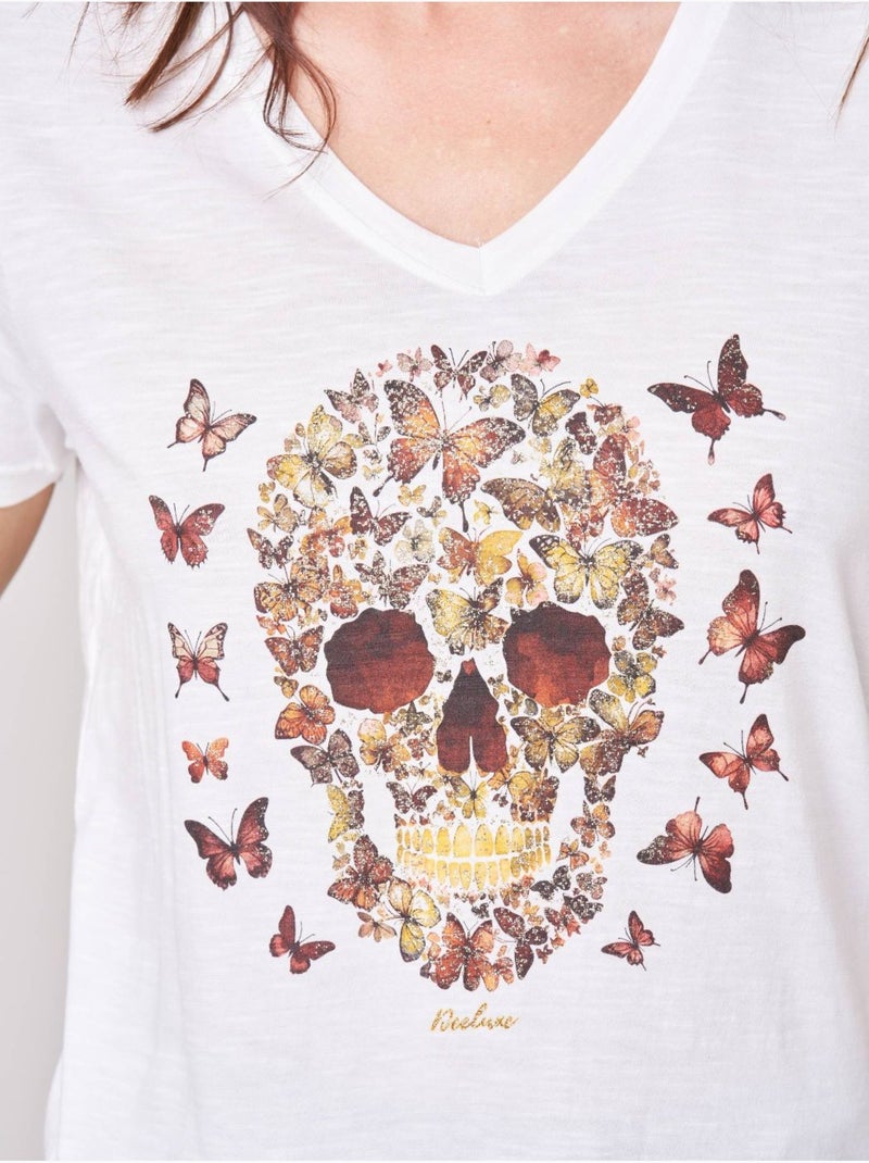 T-shirt femme en 100% coton avec imprimé tête de mort florale 'deeluxe' Blanc - Kiabi