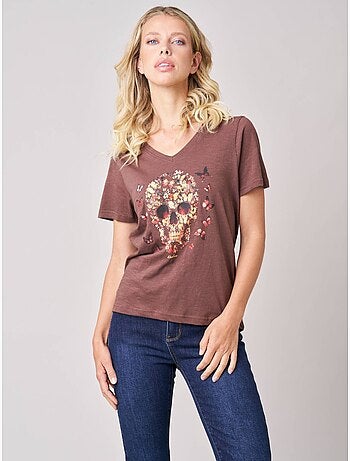 T-shirt femme en 100% coton avec imprimé tête de mort florale 'deeluxe'
