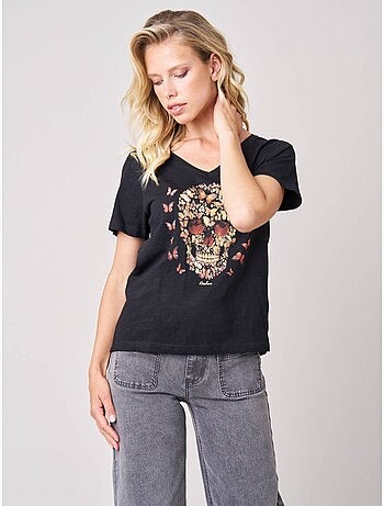 T-shirt femme en 100% coton avec imprimé tête de mort florale 'deeluxe'