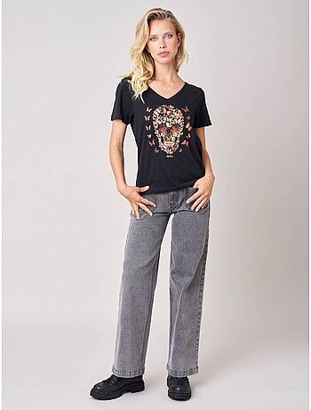 T-shirt femme en 100% coton avec imprimé tête de mort florale 'deeluxe'