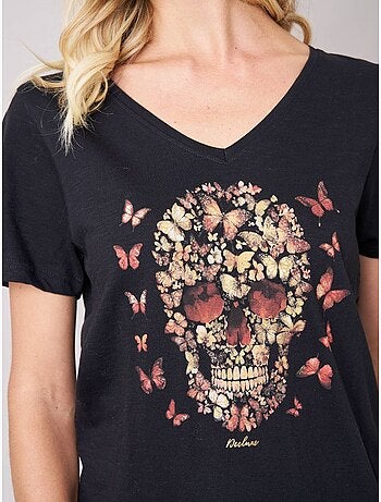 T-shirt femme en 100% coton avec imprimé tête de mort florale 'deeluxe'
