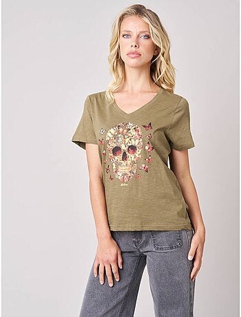 T-shirt femme en 100% coton avec imprimé tête de mort florale 'deeluxe'