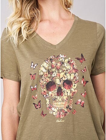 T-shirt femme en 100% coton avec imprimé tête de mort florale 'deeluxe'