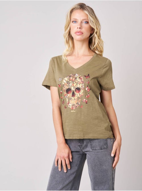 T-shirt femme en 100% coton avec imprimé tête de mort florale 'Deeluxe' - Kiabi
