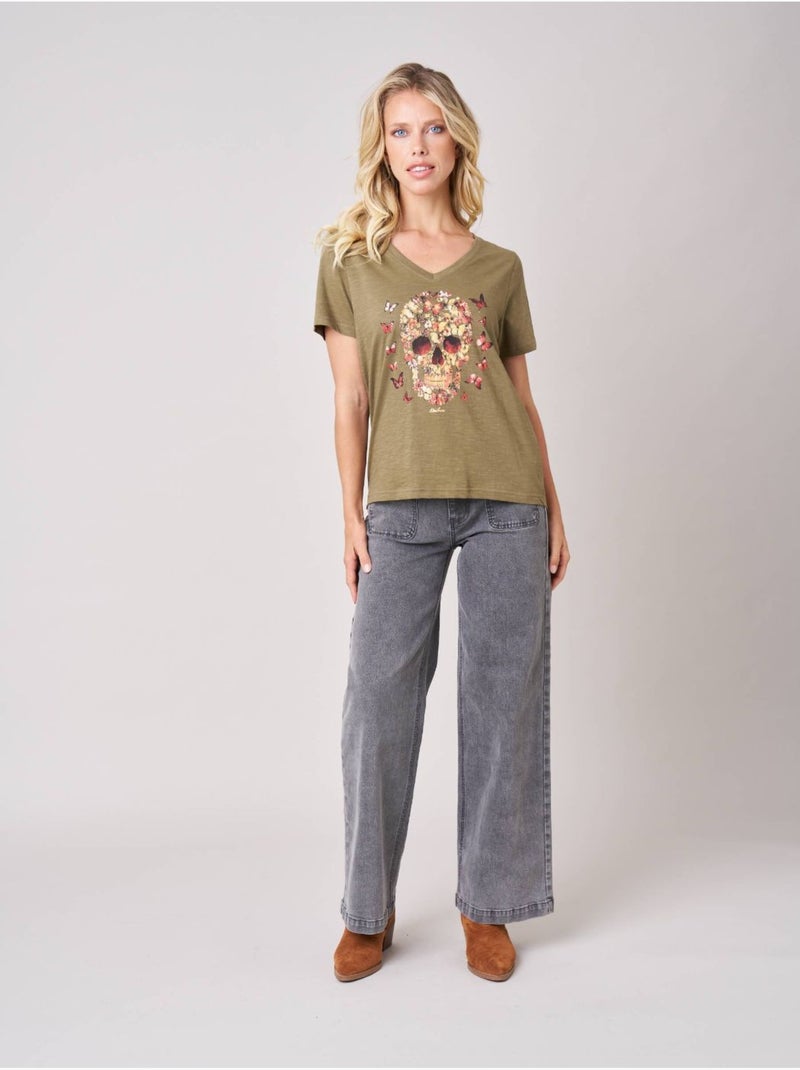 T-shirt femme en 100% coton avec imprimé tête de mort florale 'Deeluxe' Vert kaki clair - Kiabi