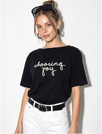 T-shirt femme en coton à col bateau et imprimé lucci