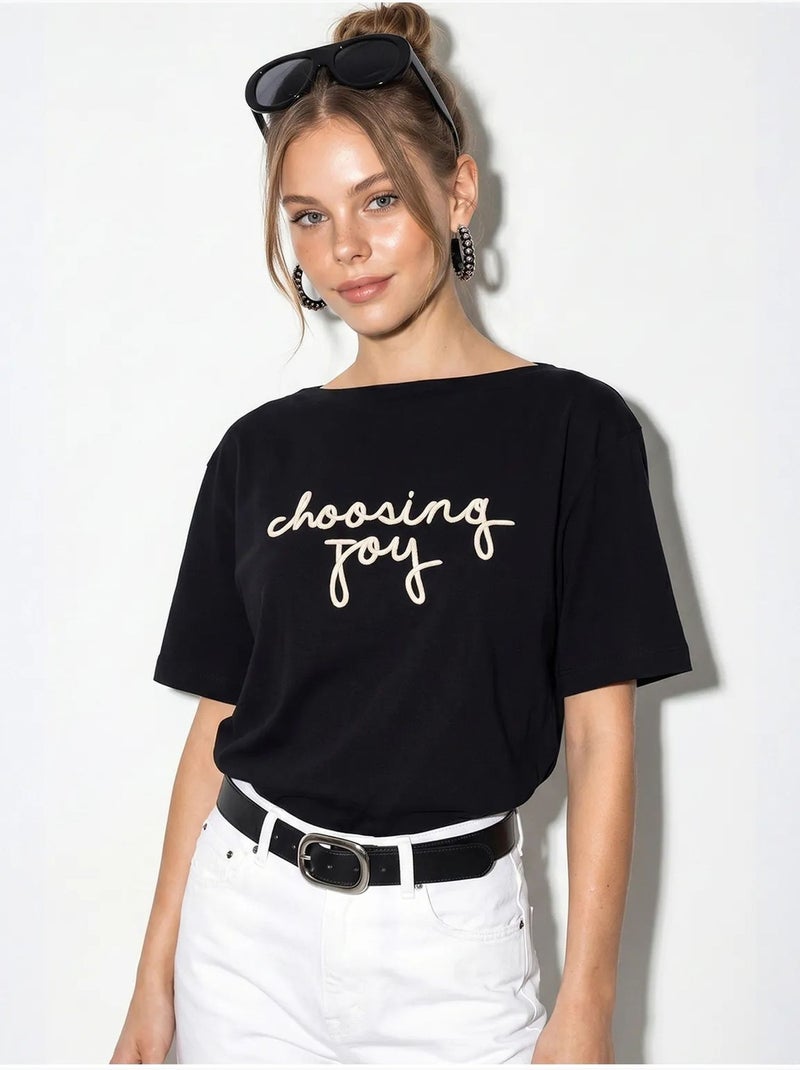 T-shirt femme en coton à col bateau et imprimé lucci Noir - Kiabi