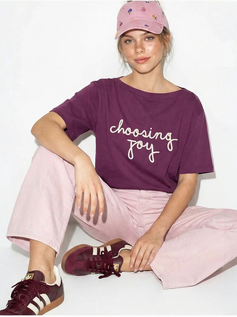 T-shirt femme en coton à col bateau et imprimé lucci Violet - Kiabi