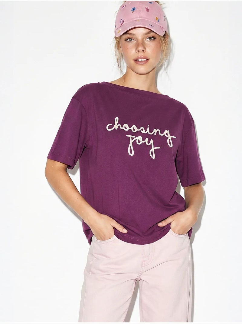 T-shirt femme en coton à col bateau et imprimé lucci Violet - Kiabi