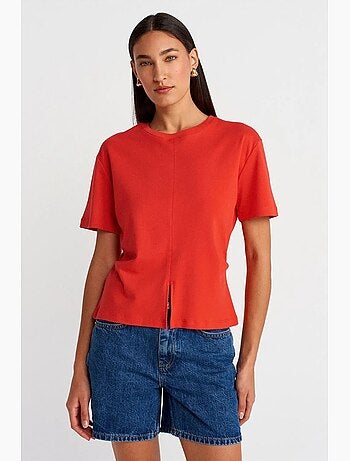 T-shirt femme en coton à col rond avec fente dilvin