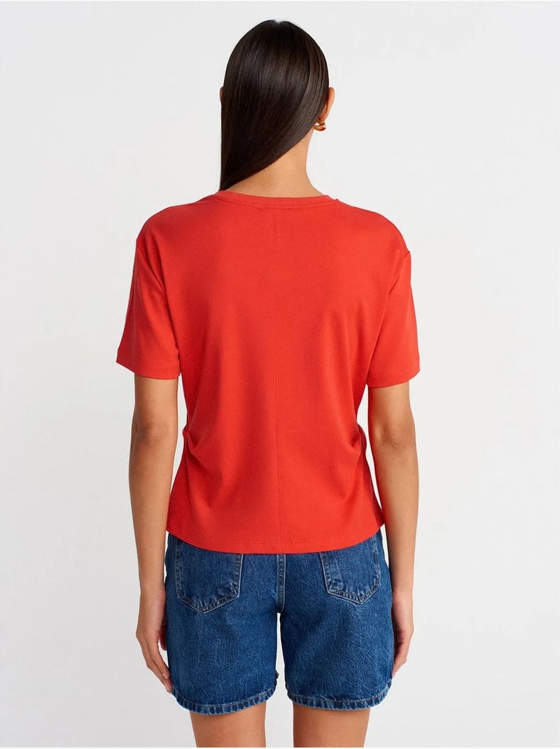T-shirt Femme En Coton À Col Rond Avec Fente Rouge - Kiabi