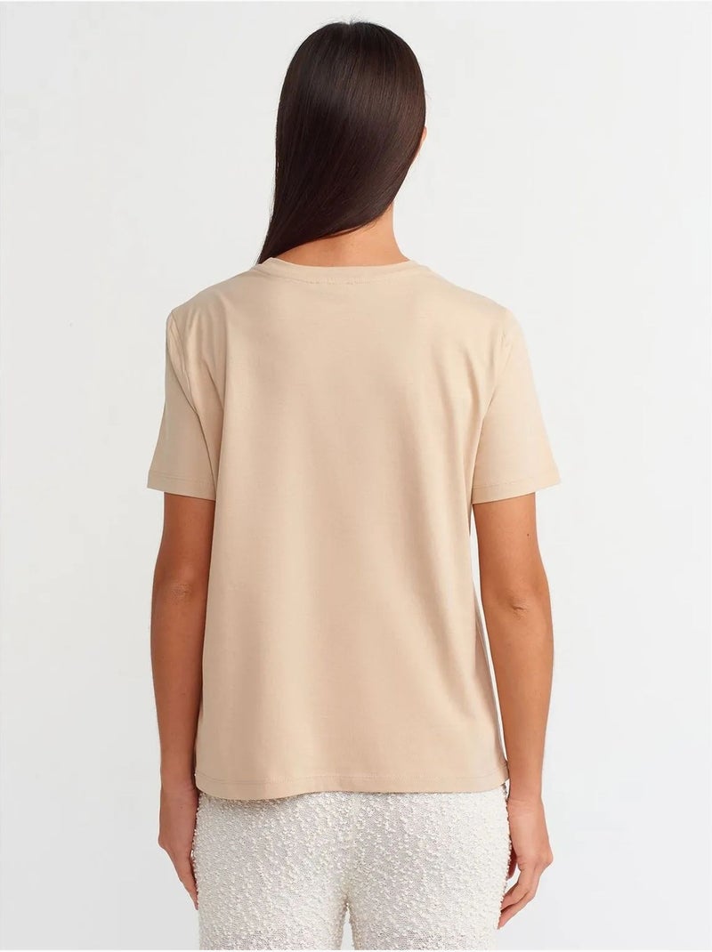 T-shirt Femme En Coton À Col Rond Beige - Kiabi